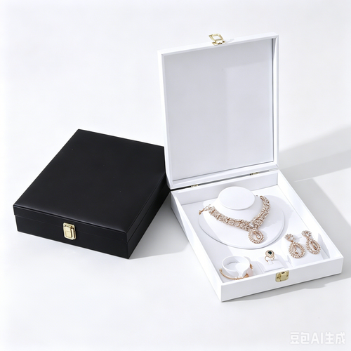 Black&white color leather, big necklace ring earrings bracelet set box