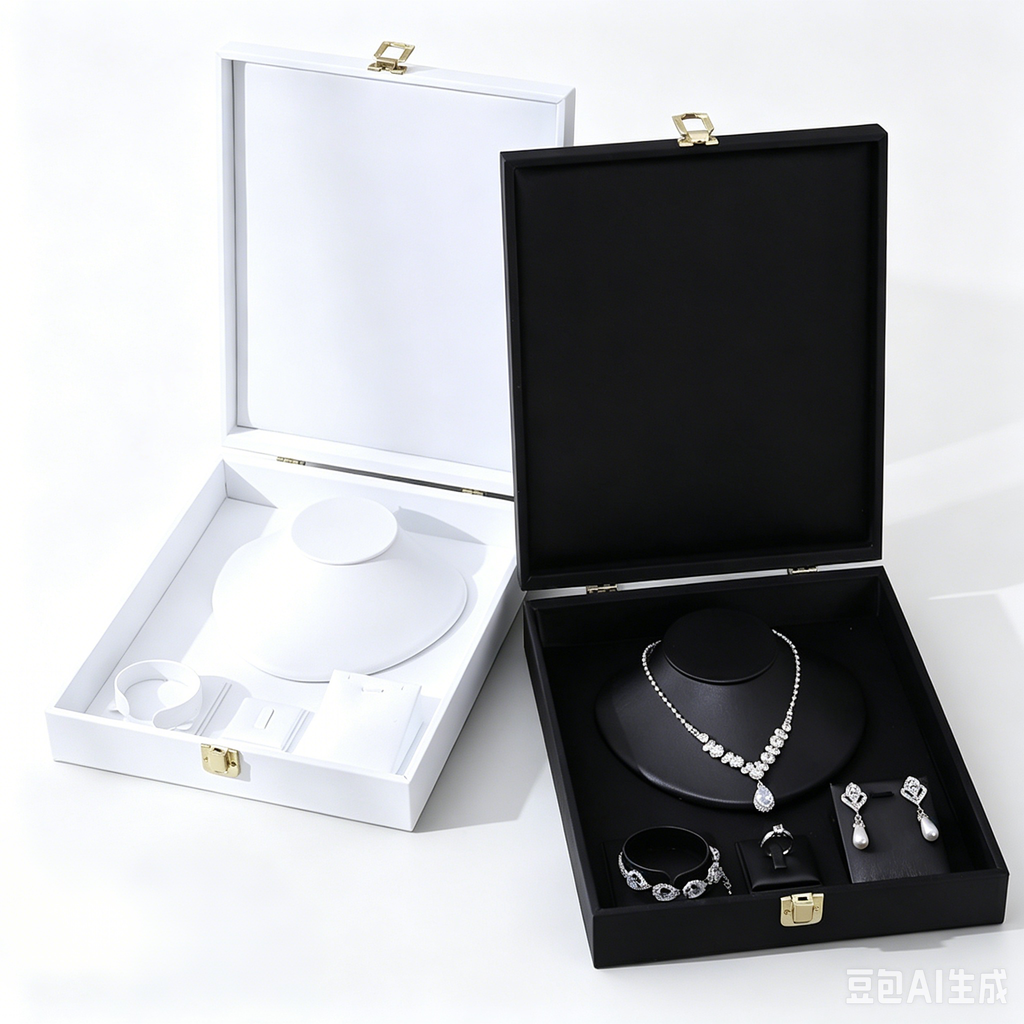 Black&white color leather, big necklace ring earrings bracelet set box