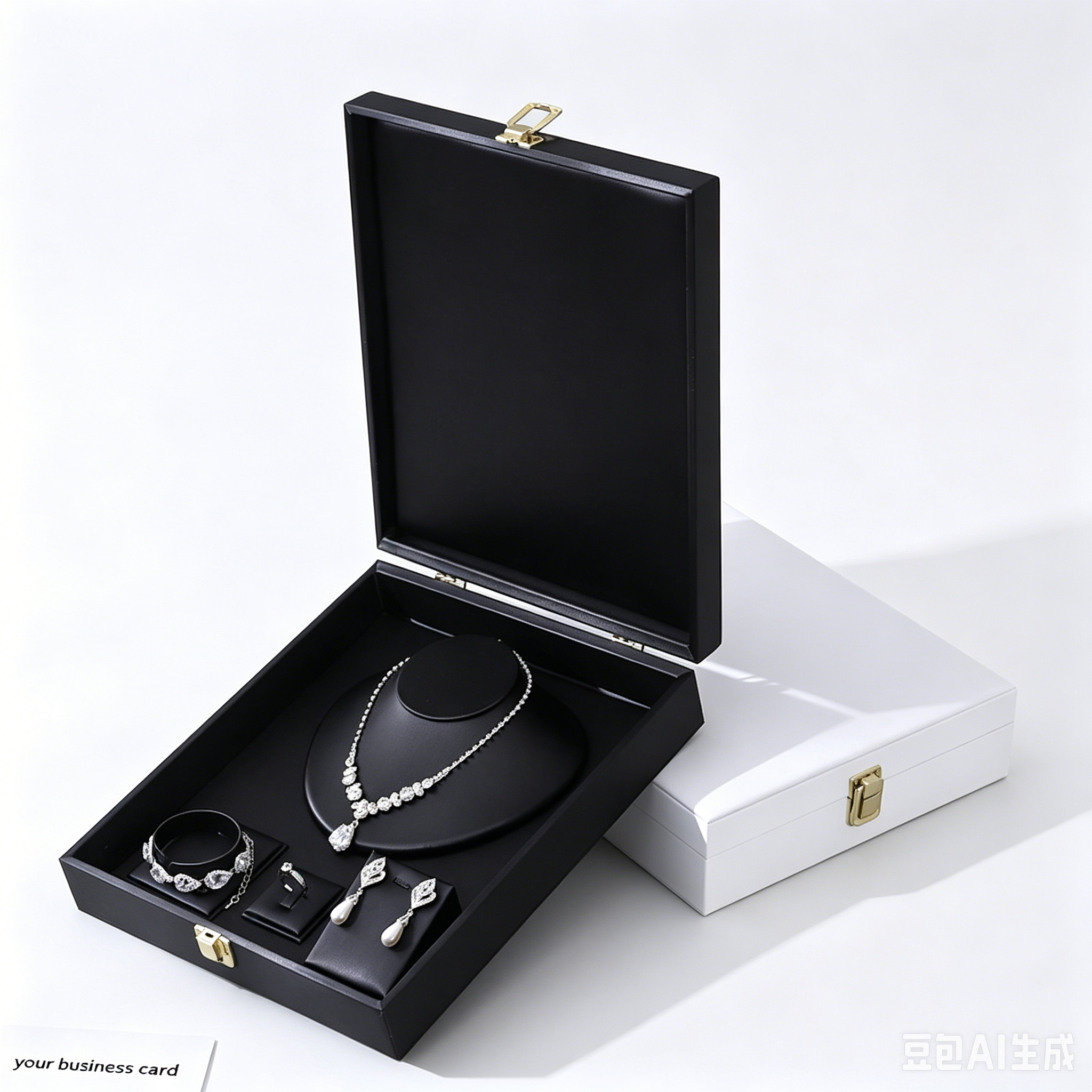 Black&white color leather, big necklace ring earrings bracelet set box