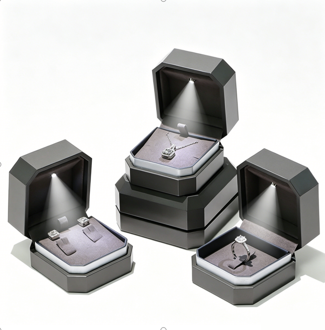 Fine quality painted grey color ring box with LED light LK860